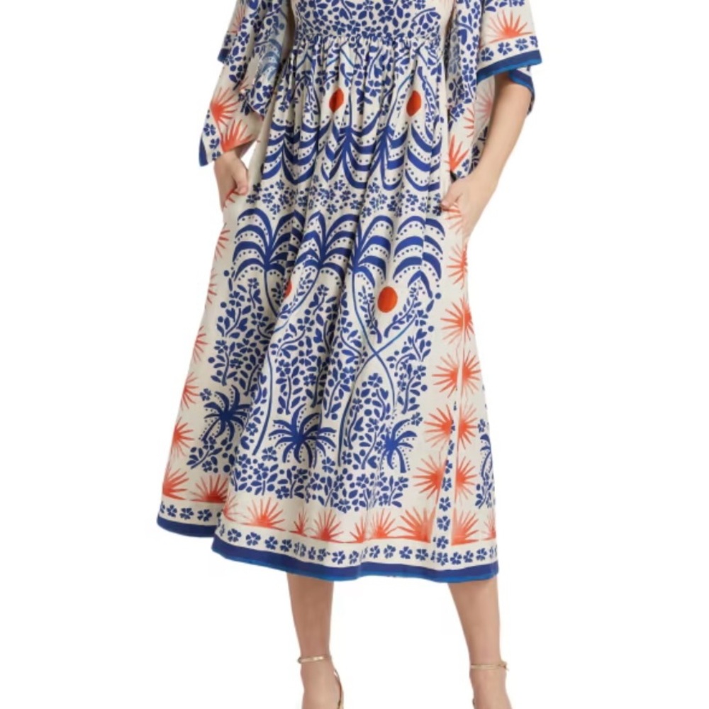 FARM Rio White Maxi Dress with Blue and Orange Botanical Motif - Picture 2 of 14